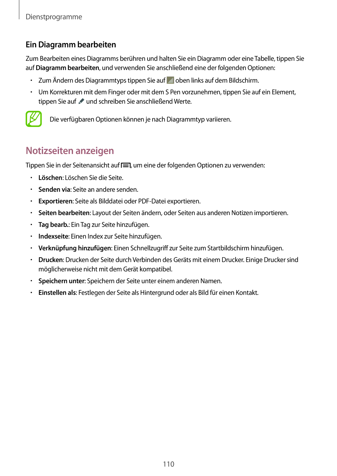 Samsung SM-N7505ZWATPH, SM-N7505ZKAXEO, SM-N7505ZKAMEO, SM-N7505ZKADBT manual Notizseiten anzeigen, Ein Diagramm bearbeiten 