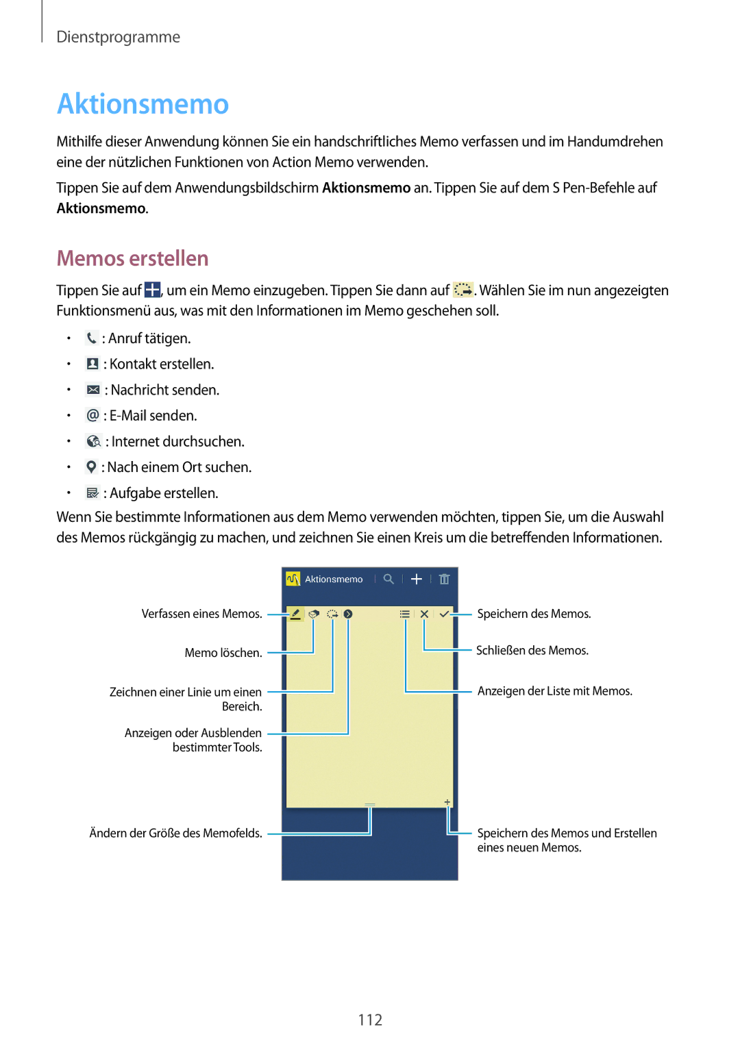 Samsung SM-N7505ZKAMEO, SM-N7505ZWATPH, SM-N7505ZKAXEO, SM-N7505ZKADBT, SM-N7505ZWAVIA manual Aktionsmemo, Memos erstellen 