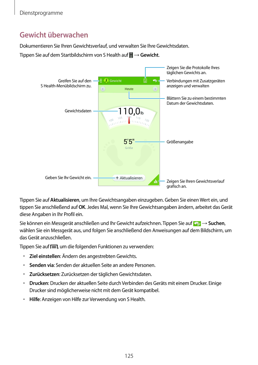 Samsung SM-N7505ZKASEB, SM-N7505ZWATPH, SM-N7505ZKAXEO manual Gewicht überwachen, Gewichtsdaten Geben Sie Ihr Gewicht ein 