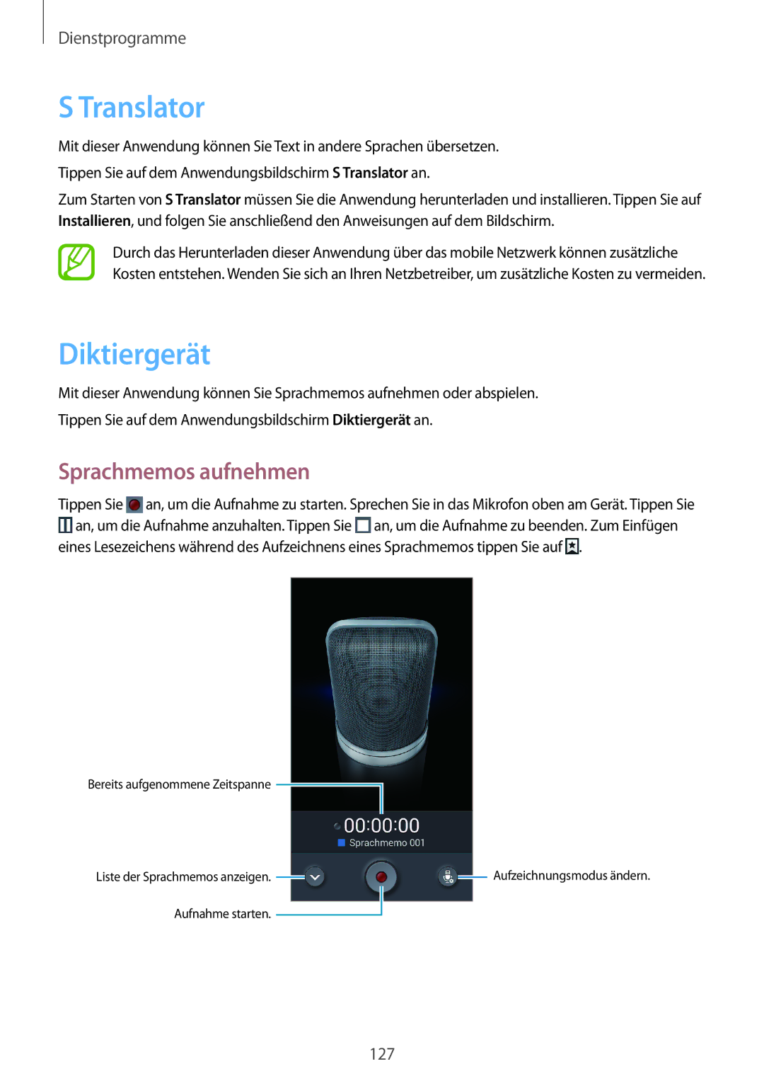 Samsung SM-N7505ZWADBT, SM-N7505ZWATPH, SM-N7505ZKAXEO, SM-N7505ZKAMEO manual Translator, Diktiergerät, Sprachmemos aufnehmen 