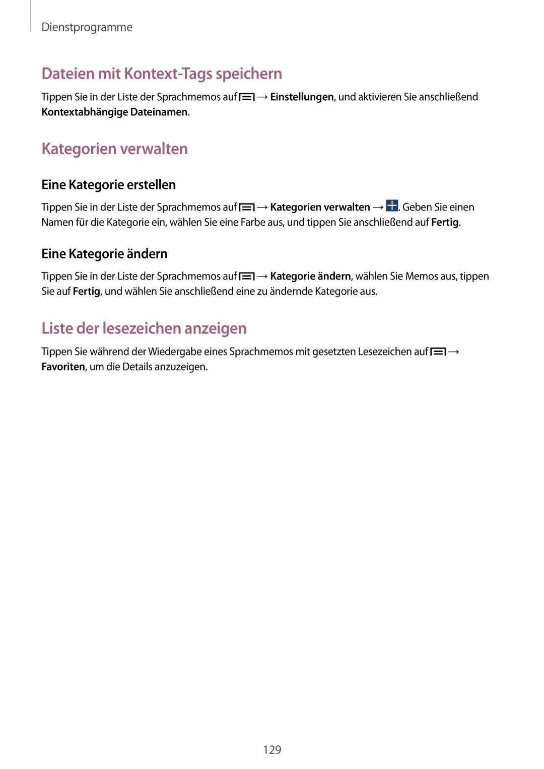 Samsung SM-N7505ZWGXEF manual Dateien mit Kontext-Tags speichern, Kategorien verwalten, Liste der lesezeichen anzeigen 