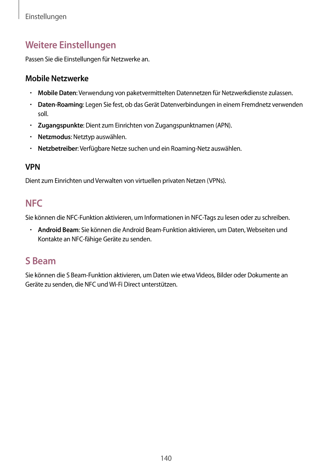 Samsung SM-N7505ZWATPH, SM-N7505ZKAXEO, SM-N7505ZKAMEO, SM-N7505ZKADBT manual Weitere Einstellungen, Beam, Mobile Netzwerke 