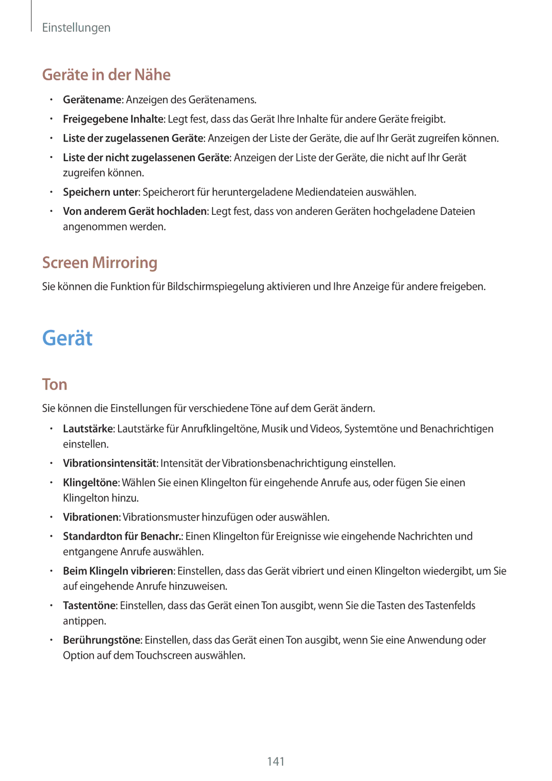 Samsung SM-N7505ZKAXEO, SM-N7505ZWATPH, SM-N7505ZKAMEO, SM-N7505ZKADBT manual Geräte in der Nähe, Screen Mirroring, Ton 