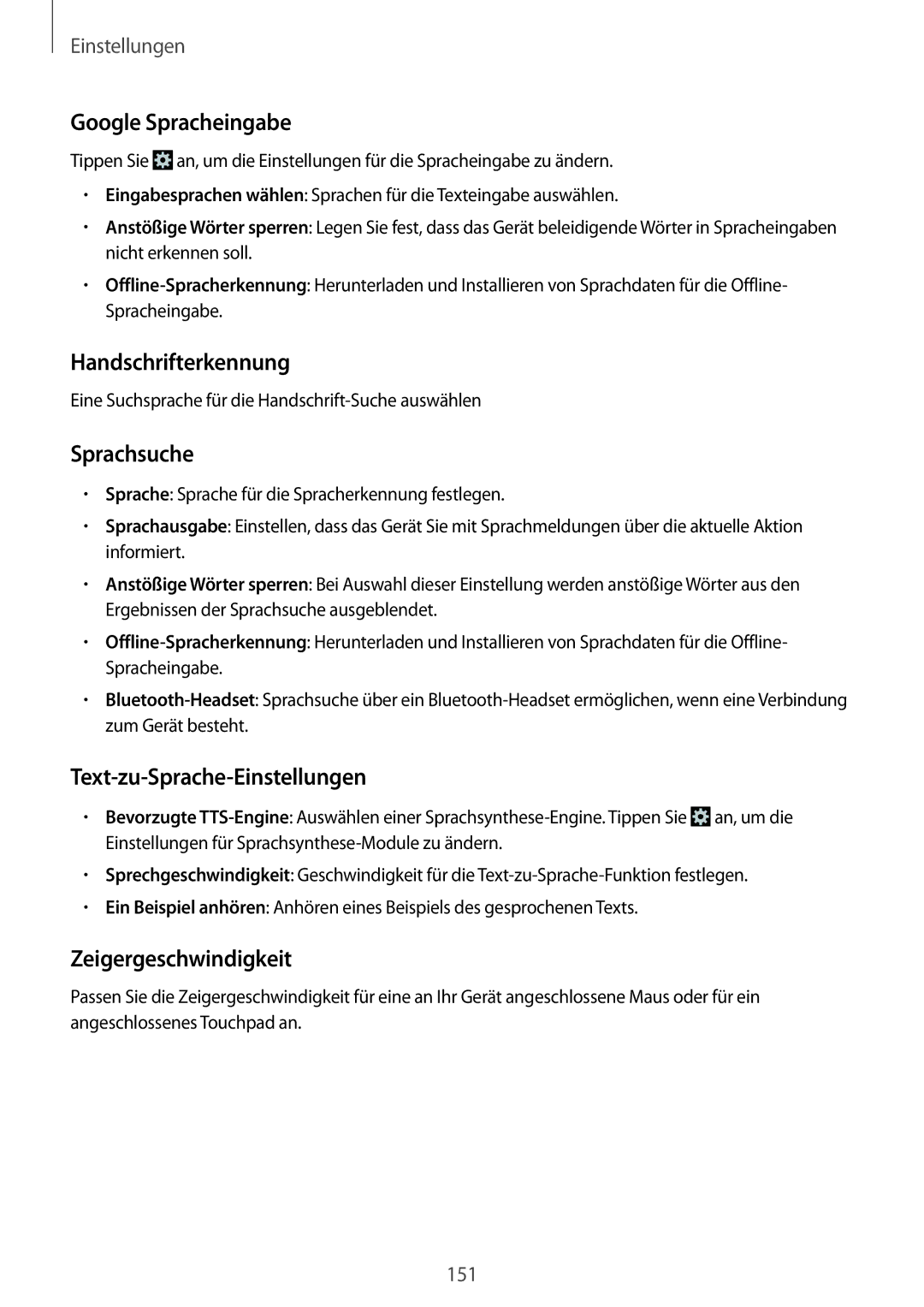 Samsung SM-N7505ZKAXEO manual Google Spracheingabe, Handschrifterkennung, Sprachsuche, Text-zu-Sprache-Einstellungen 