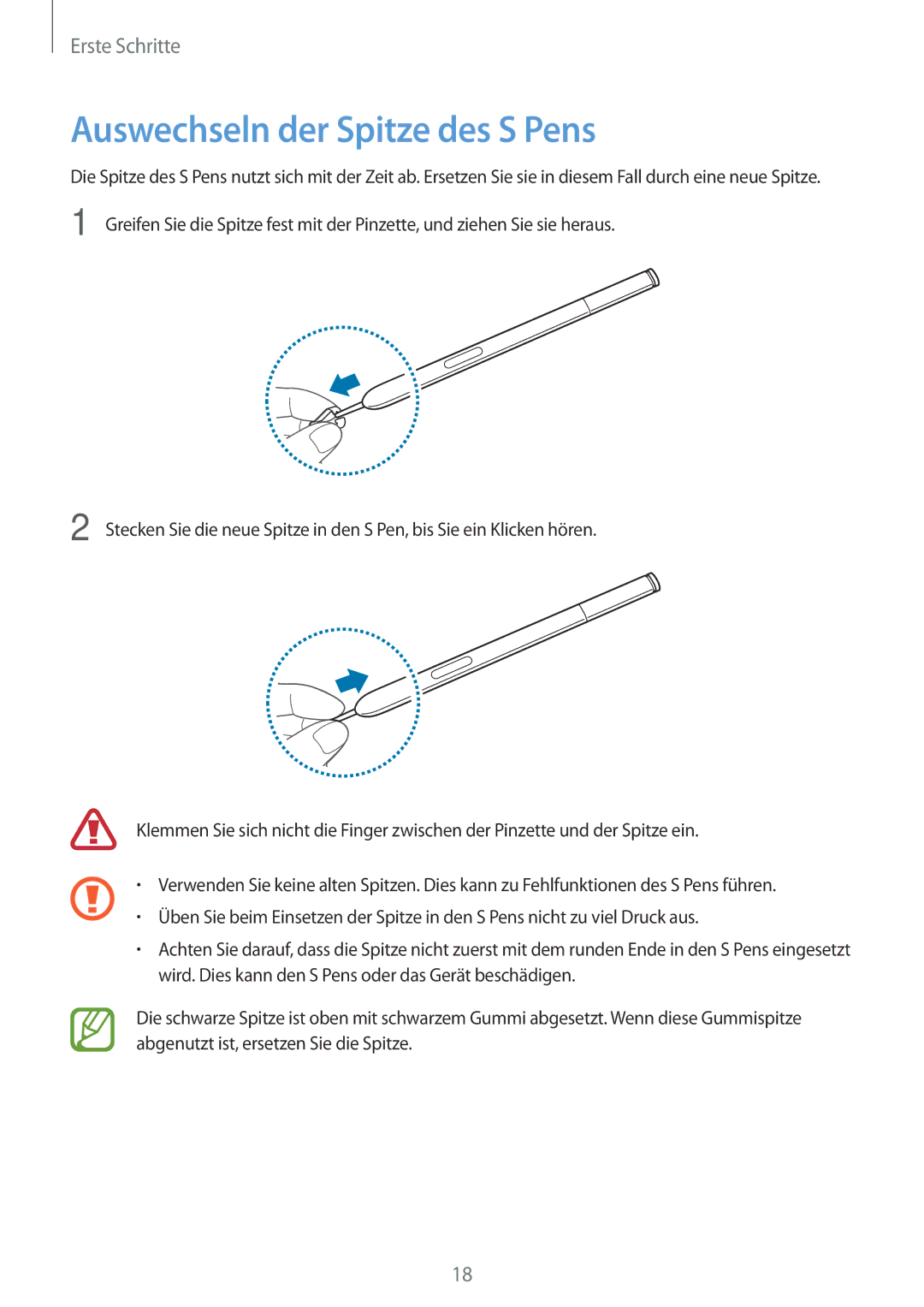 Samsung SM-N7505ZGADBT, SM-N7505ZWATPH, SM-N7505ZKAXEO, SM-N7505ZKAMEO, SM-N7505ZKADBT manual Auswechseln der Spitze des S Pens 