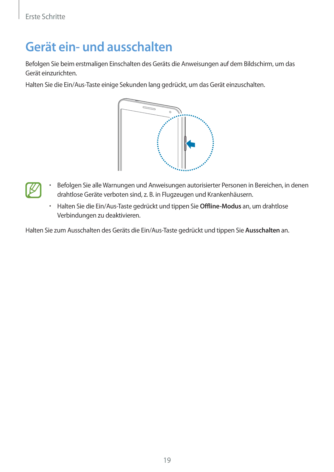 Samsung SM-N7505ZWGXEF, SM-N7505ZWATPH, SM-N7505ZKAXEO, SM-N7505ZKAMEO, SM-N7505ZKADBT manual Gerät ein- und ausschalten 