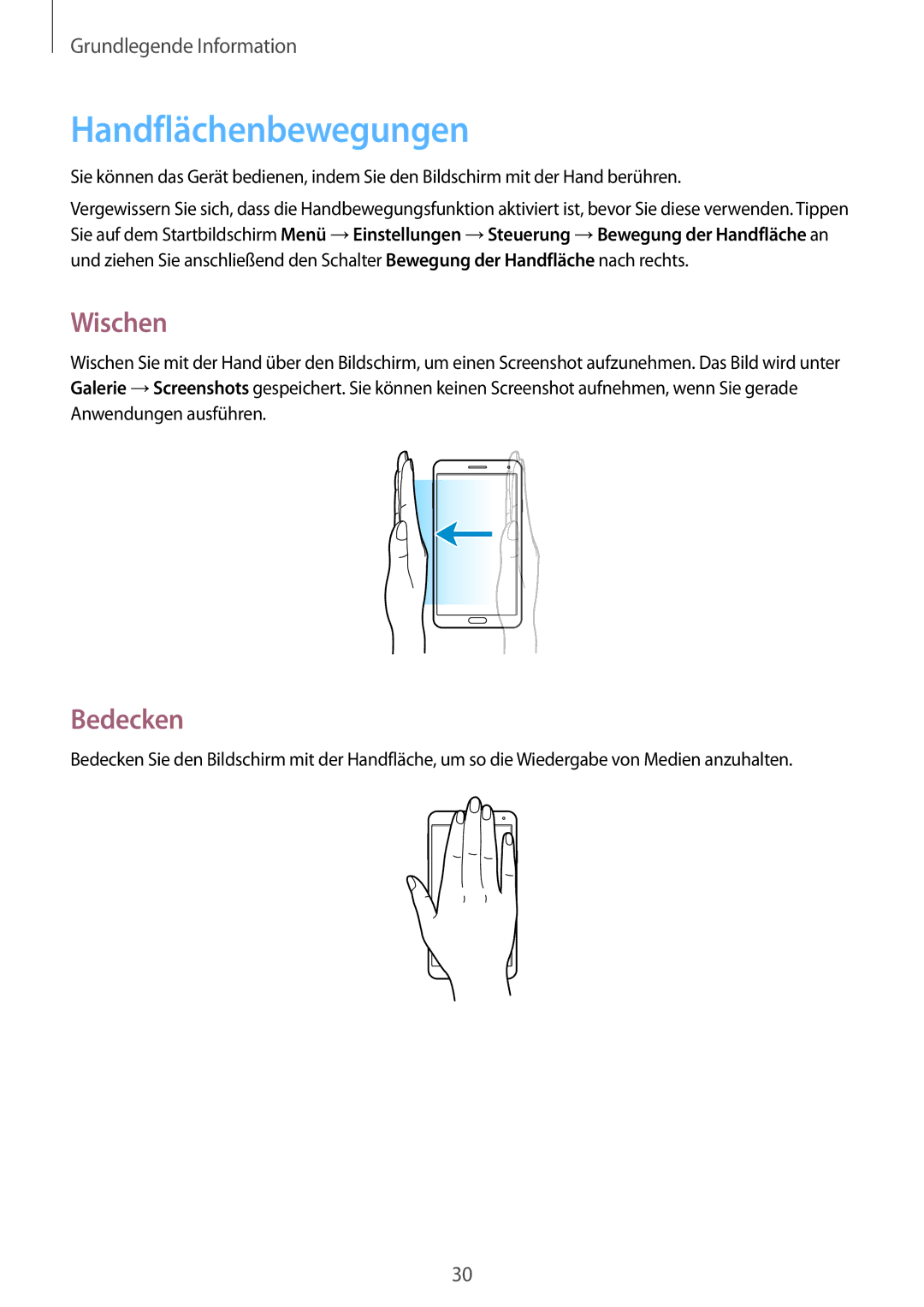 Samsung SM-N7505ZWATPH, SM-N7505ZKAXEO, SM-N7505ZKAMEO, SM-N7505ZKADBT manual Handflächenbewegungen, Wischen, Bedecken 