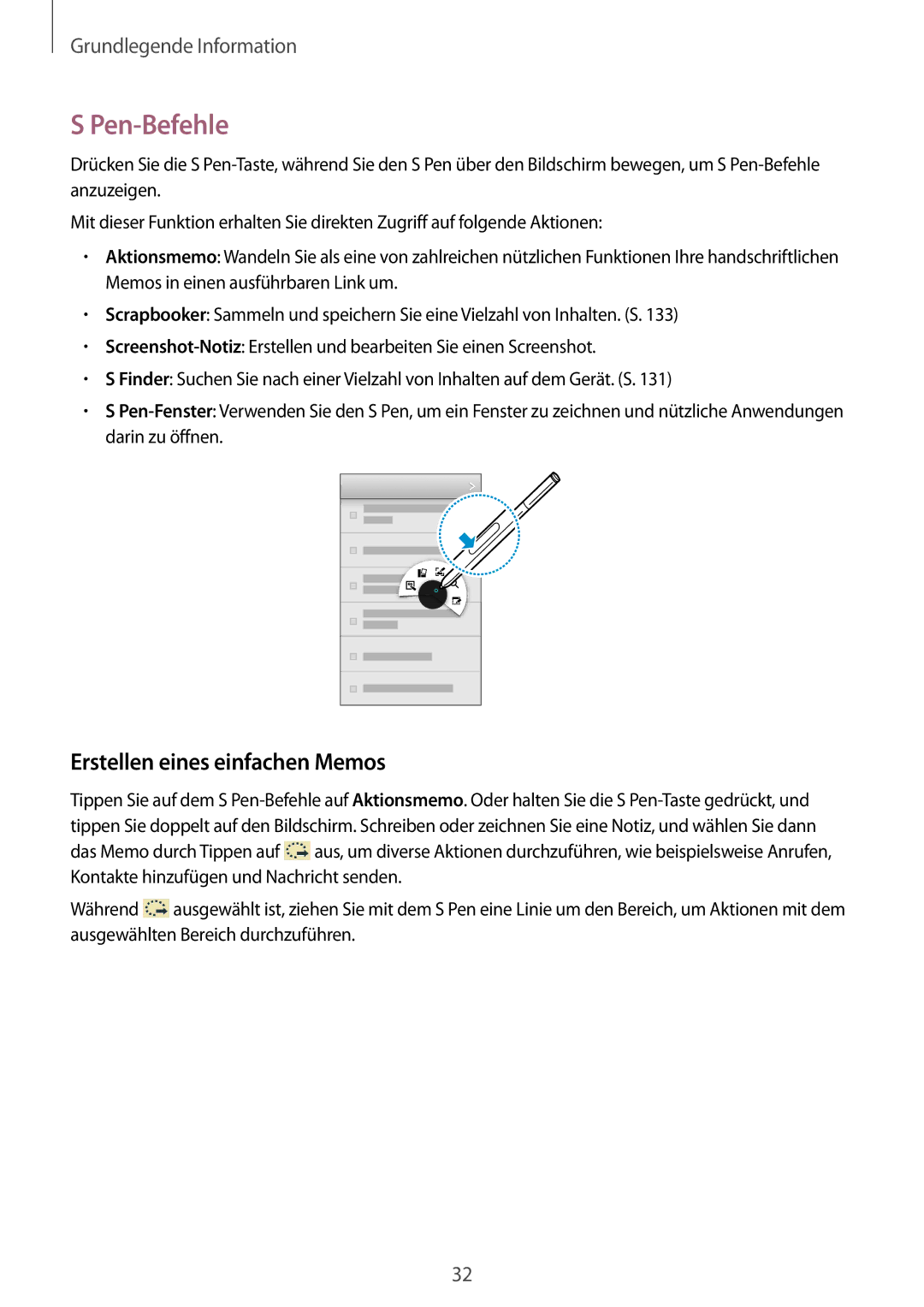 Samsung SM-N7505ZKAMEO, SM-N7505ZWATPH, SM-N7505ZKAXEO, SM-N7505ZKADBT manual Pen-Befehle, Erstellen eines einfachen Memos 