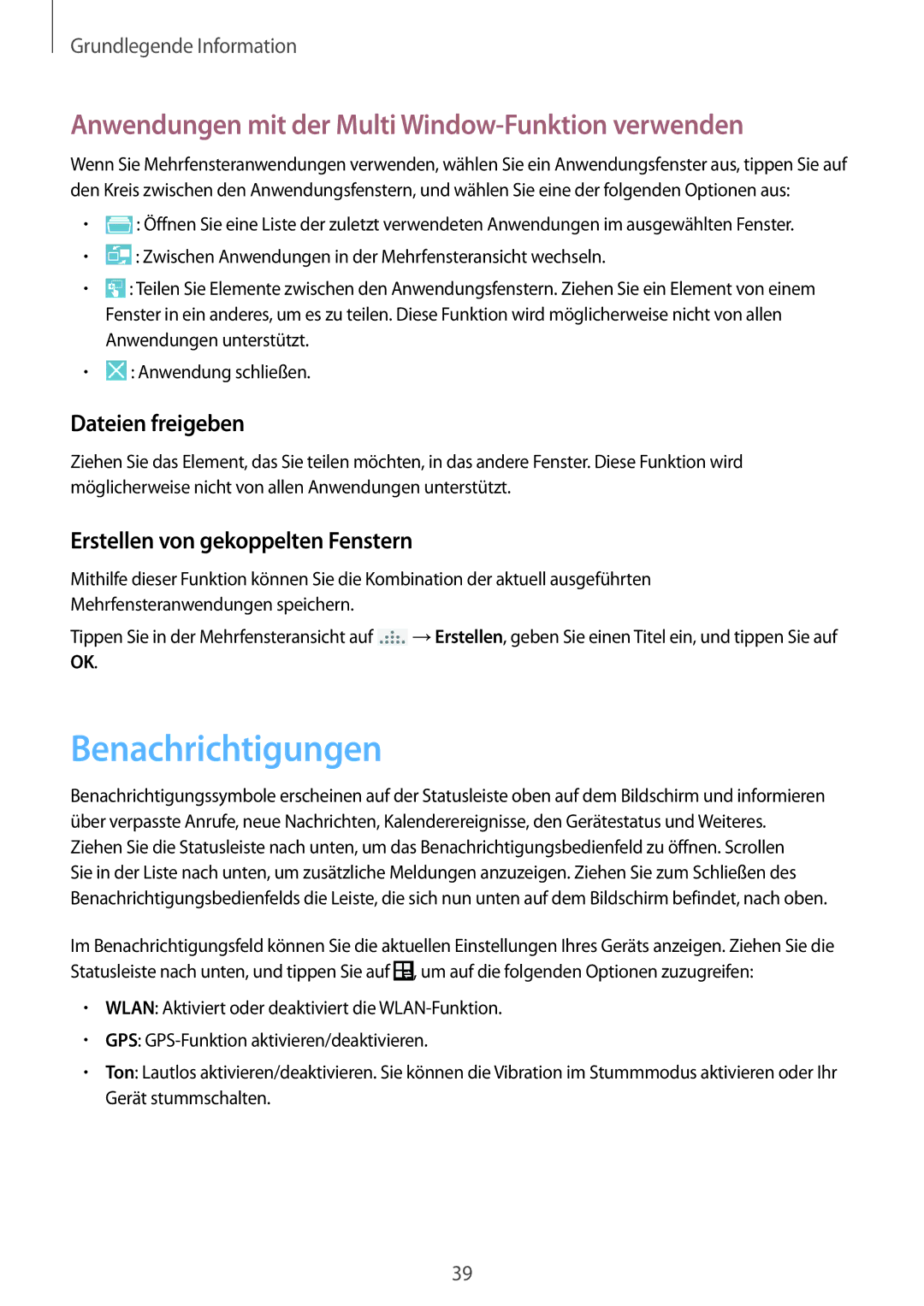 Samsung SM-N7505ZWGXEF manual Benachrichtigungen, Anwendungen mit der Multi Window-Funktion verwenden, Dateien freigeben 