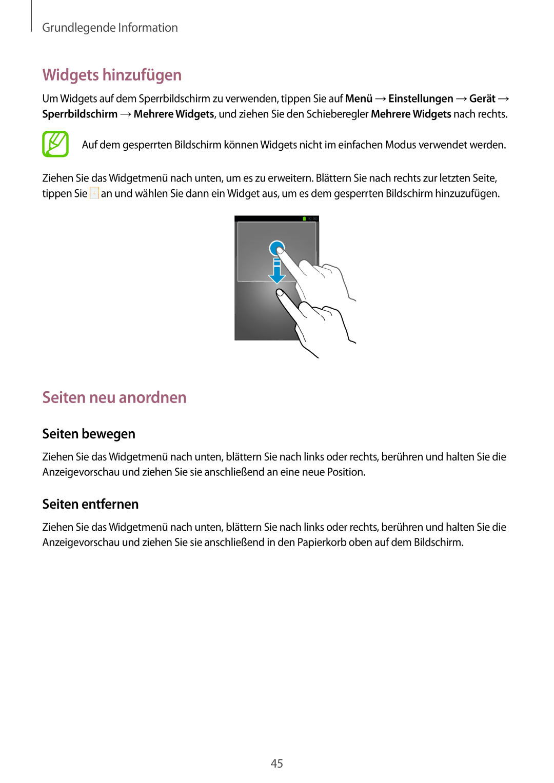 Samsung SM-N7505ZKASEB, SM-N7505ZWATPH, SM-N7505ZKAXEO, SM-N7505ZKAMEO manual Widgets hinzufügen, Seiten neu anordnen 