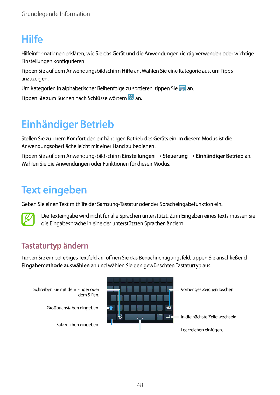 Samsung SM-N7505ZGADBT, SM-N7505ZWATPH, SM-N7505ZKAXEO manual Hilfe, Einhändiger Betrieb, Text eingeben, Tastaturtyp ändern 