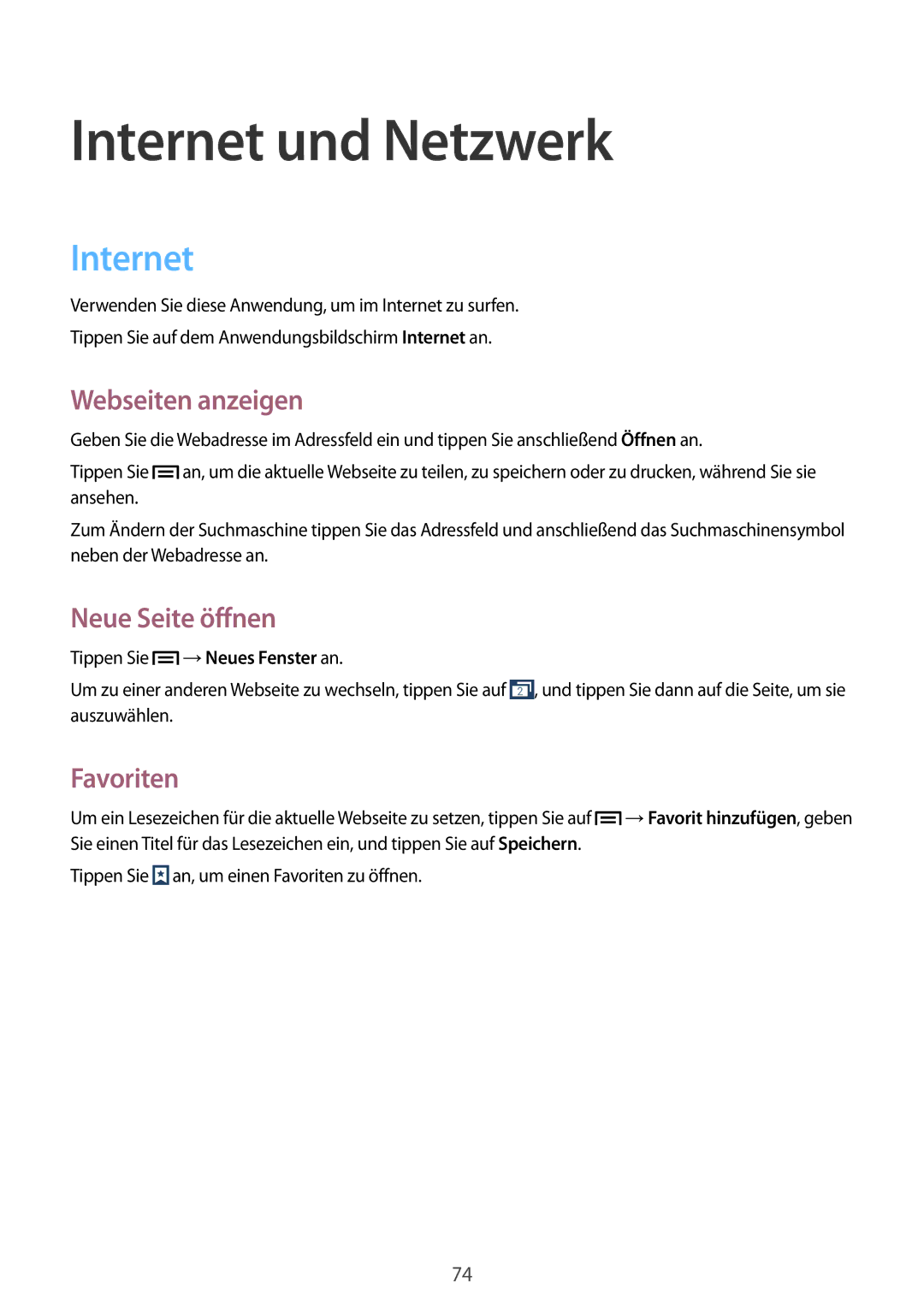 Samsung SM-N7505ZWAVIA, SM-N7505ZWATPH, SM-N7505ZKAXEO manual Internet, Webseiten anzeigen, Neue Seite öffnen, Favoriten 