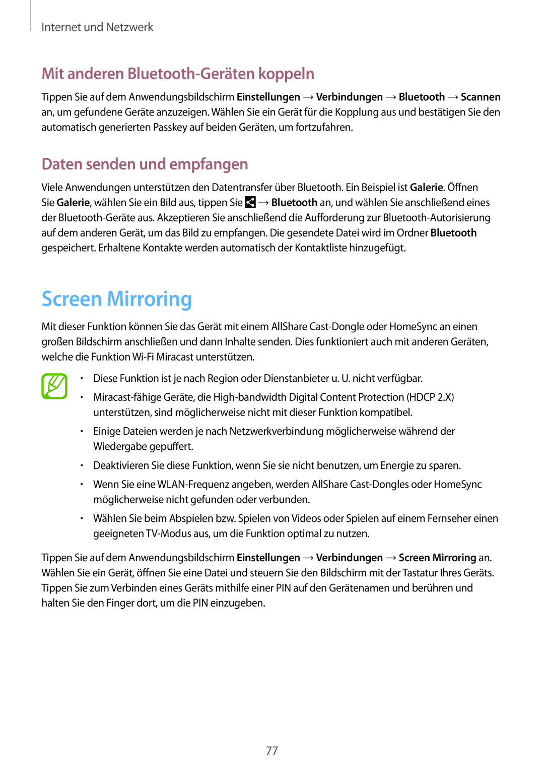 Samsung SM-N7505ZWADBT, SM-N7505ZWATPH Screen Mirroring, Mit anderen Bluetooth-Geräten koppeln, Daten senden und empfangen 