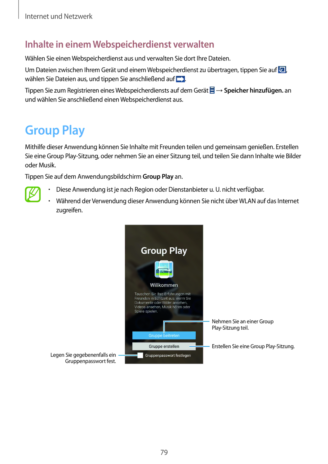 Samsung SM-N7505ZWGXEF, SM-N7505ZWATPH, SM-N7505ZKAXEO manual Group Play, Inhalte in einem Webspeicherdienst verwalten 