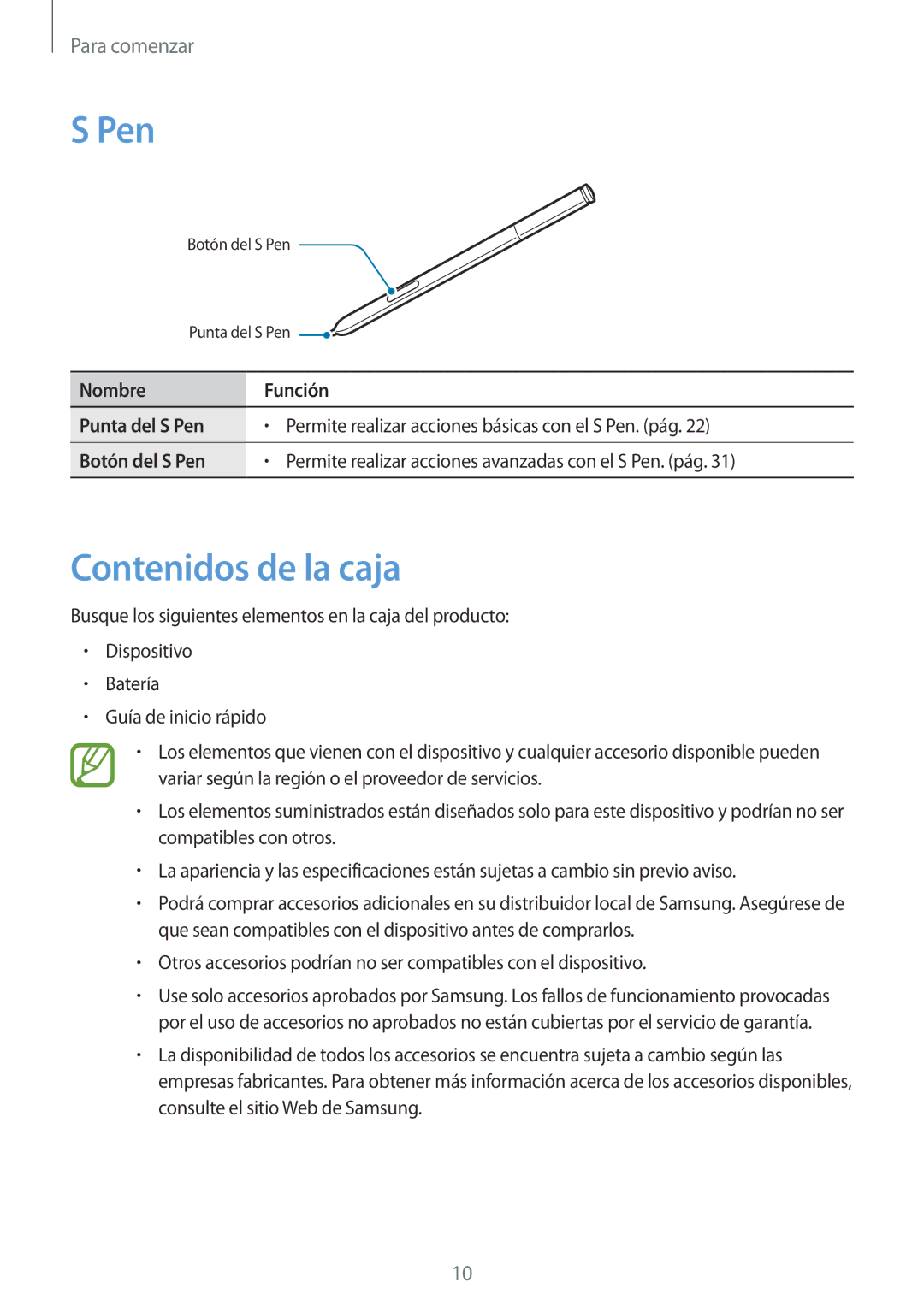 Samsung SM-N7505ZWGXEF, SM-N7505ZWATPH, SM-N7505ZKAITV, SM-N7505ZWAITV, SM-N7505ZKAPHE manual Pen, Contenidos de la caja 