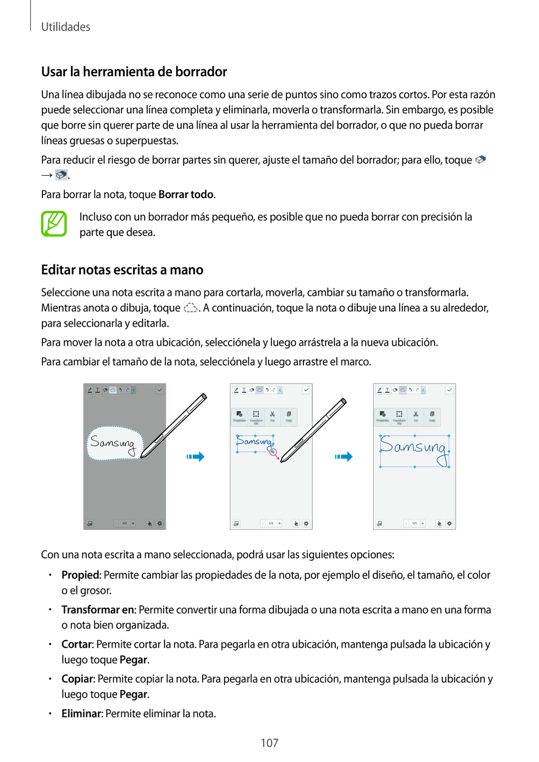 Samsung SM-N7505ZKATPH, SM-N7505ZWATPH, SM-N7505ZWGXEF manual Usar la herramienta de borrador, Editar notas escritas a mano 