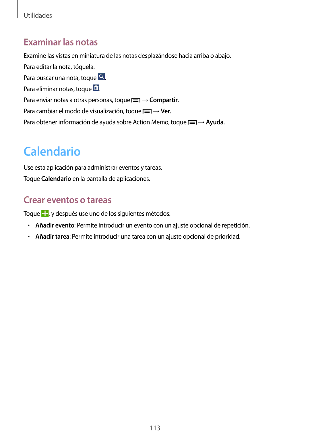 Samsung SM-N7505ZKAXEH, SM-N7505ZWATPH, SM-N7505ZWGXEF manual Calendario, Examinar las notas, Crear eventos o tareas 
