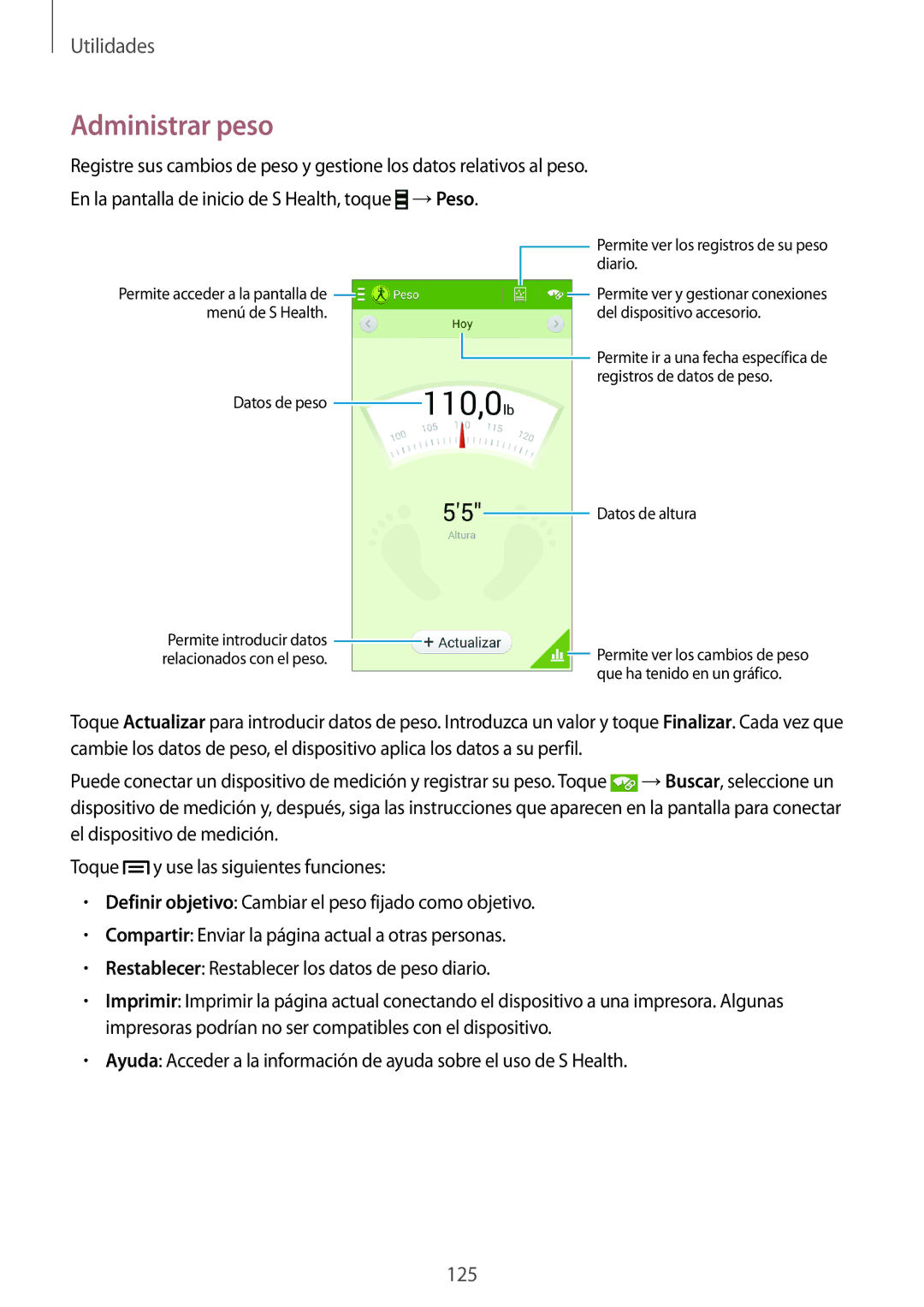 Samsung SM-N7505ZKATPH, SM-N7505ZWATPH, SM-N7505ZWGXEF manual Administrar peso, Permite ver los registros de su peso diario 