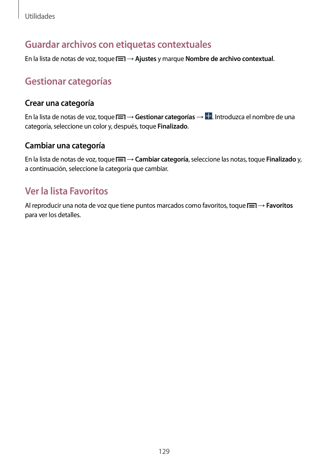 Samsung SM-N7505ZWAITV manual Guardar archivos con etiquetas contextuales, Gestionar categorías, Ver la lista Favoritos 