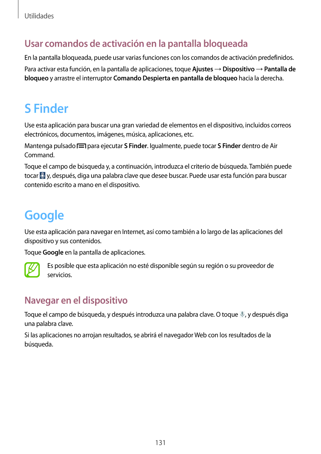 Samsung SM-N7505ZKAXEH Finder, Google, Usar comandos de activación en la pantalla bloqueada, Navegar en el dispositivo 