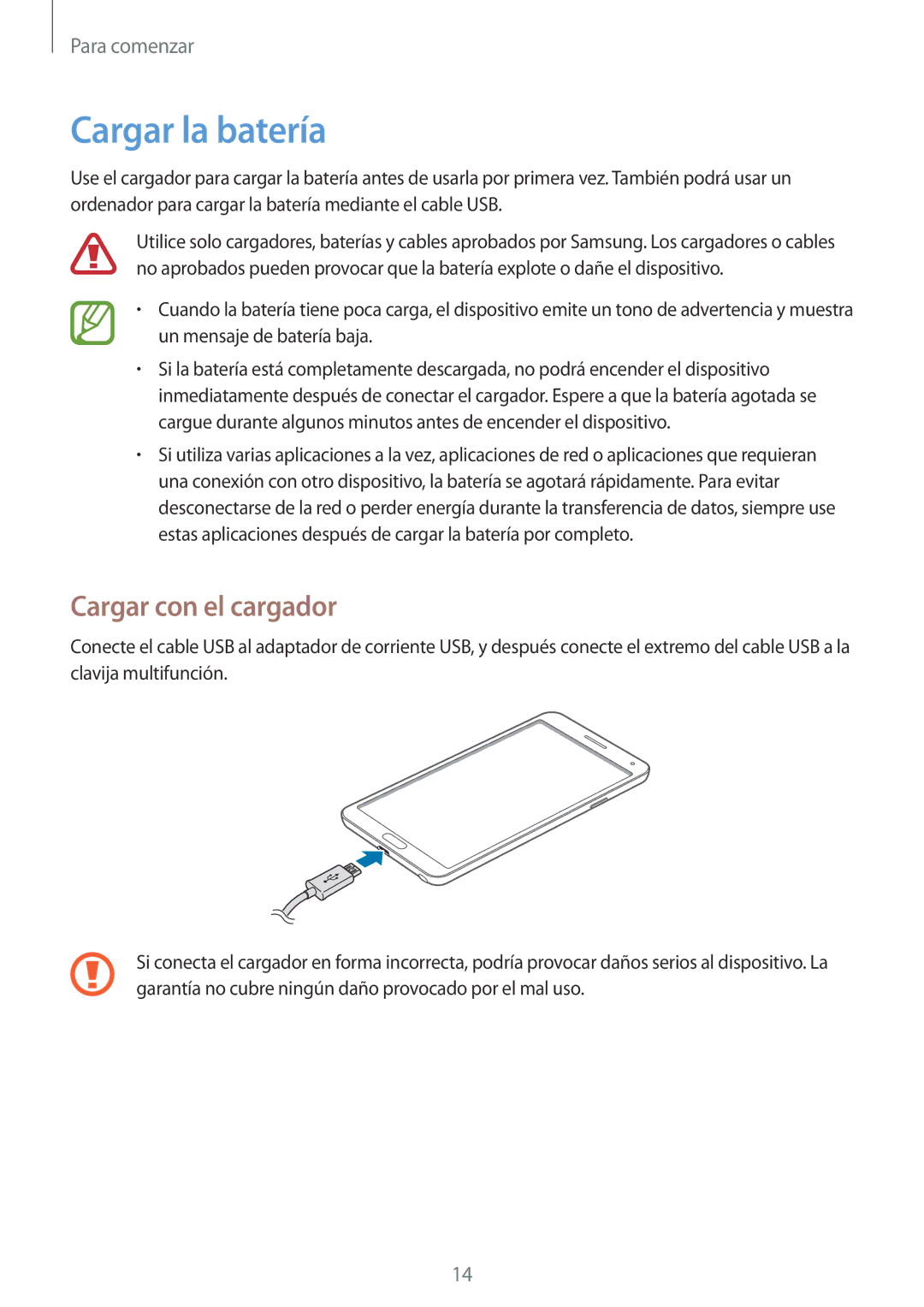 Samsung SM-N7505ZKAXEH, SM-N7505ZWATPH, SM-N7505ZWGXEF, SM-N7505ZKAITV manual Cargar la batería, Cargar con el cargador 