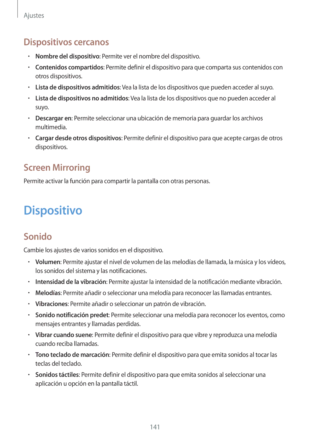 Samsung SM-N7505ZWAPHE, SM-N7505ZWATPH, SM-N7505ZWGXEF, SM-N7505ZKAITV Dispositivos cercanos, Screen Mirroring, Sonido 