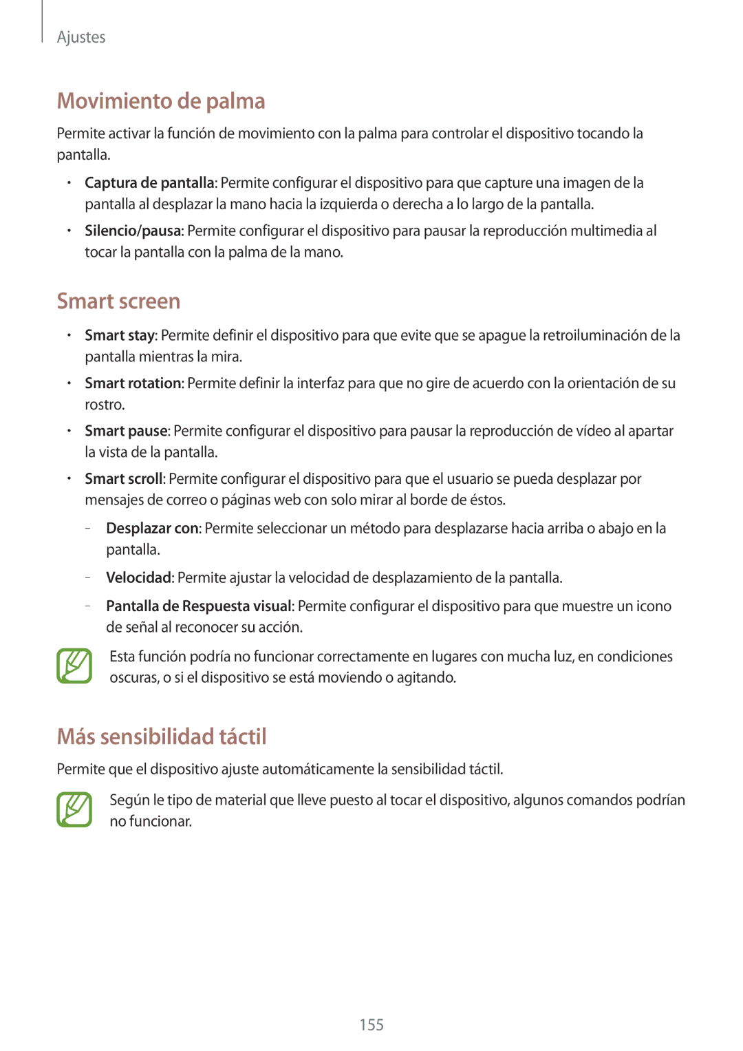 Samsung SM-N7505ZKAITV, SM-N7505ZWATPH, SM-N7505ZWGXEF manual Movimiento de palma, Smart screen, Más sensibilidad táctil 