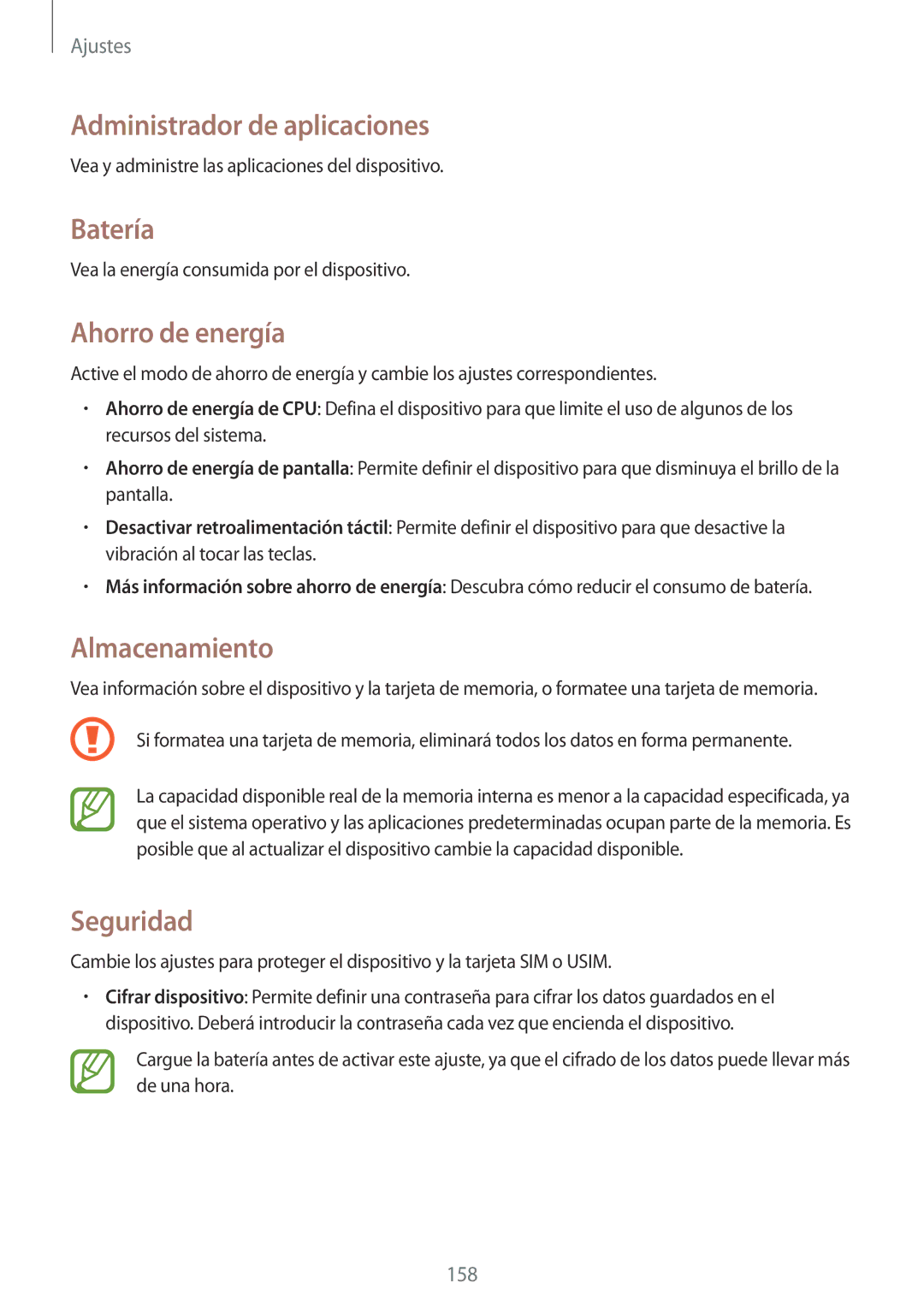 Samsung SM-N7505ZKAXEH manual Administrador de aplicaciones, Batería, Ahorro de energía, Almacenamiento, Seguridad 