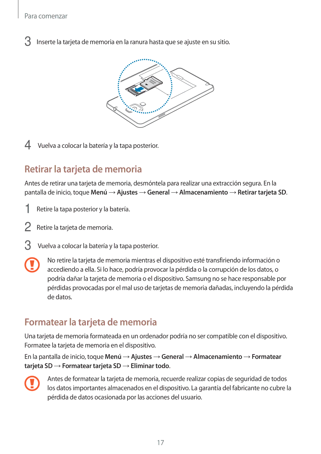 Samsung SM-N7505ZKATPH, SM-N7505ZWATPH, SM-N7505ZWGXEF manual Retirar la tarjeta de memoria, Formatear la tarjeta de memoria 