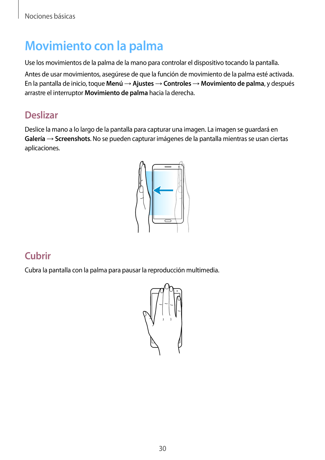 Samsung SM-N7505ZWAITV, SM-N7505ZWATPH, SM-N7505ZWGXEF, SM-N7505ZKAITV manual Movimiento con la palma, Deslizar, Cubrir 