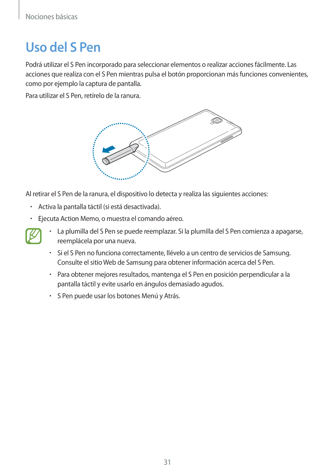 Samsung SM-N7505ZKAPHE, SM-N7505ZWATPH, SM-N7505ZWGXEF, SM-N7505ZKAITV, SM-N7505ZWAITV, SM-N7505ZKAXEH manual Uso del S Pen 