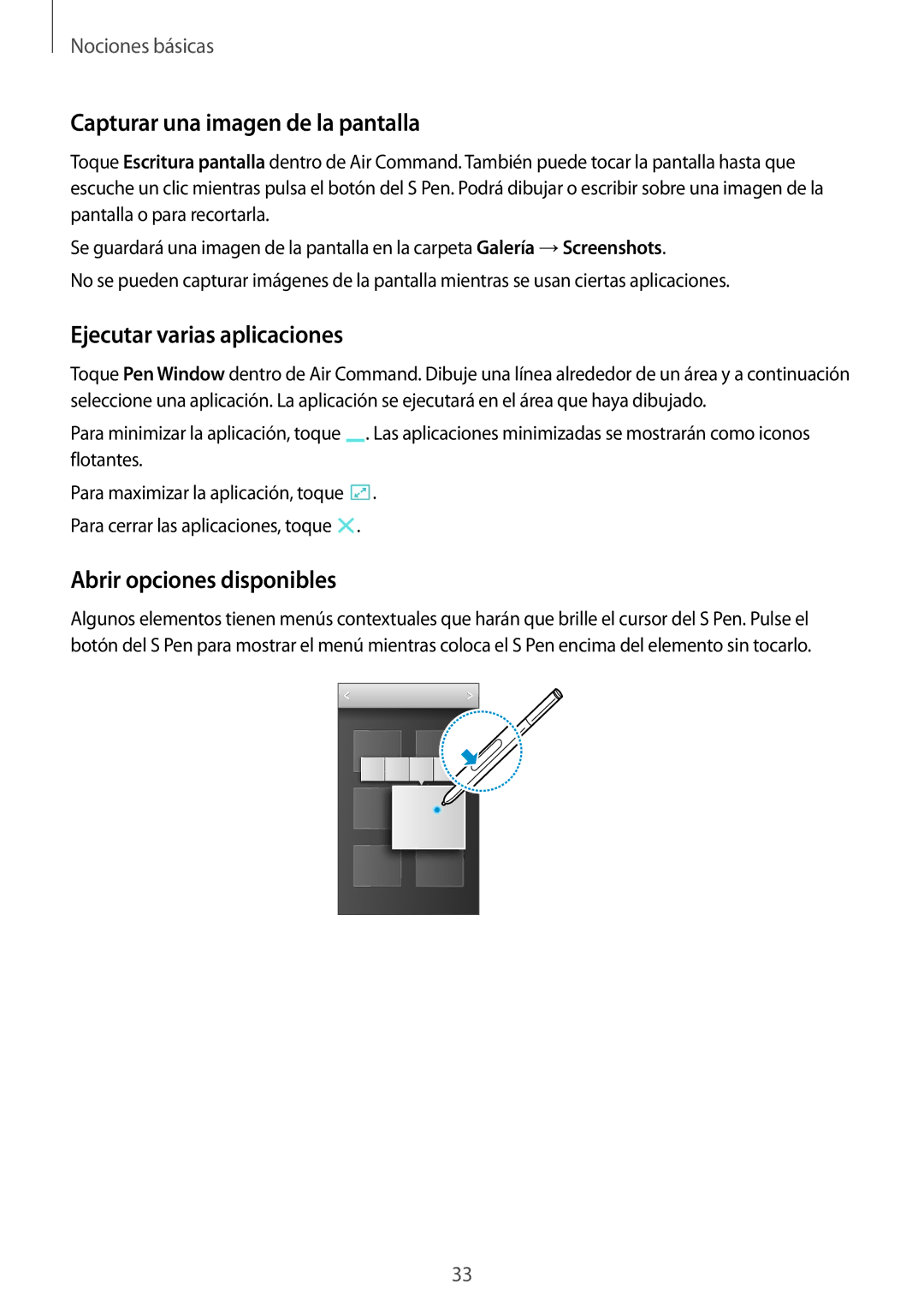 Samsung SM-N7505ZWAPHE manual Capturar una imagen de la pantalla, Ejecutar varias aplicaciones, Abrir opciones disponibles 