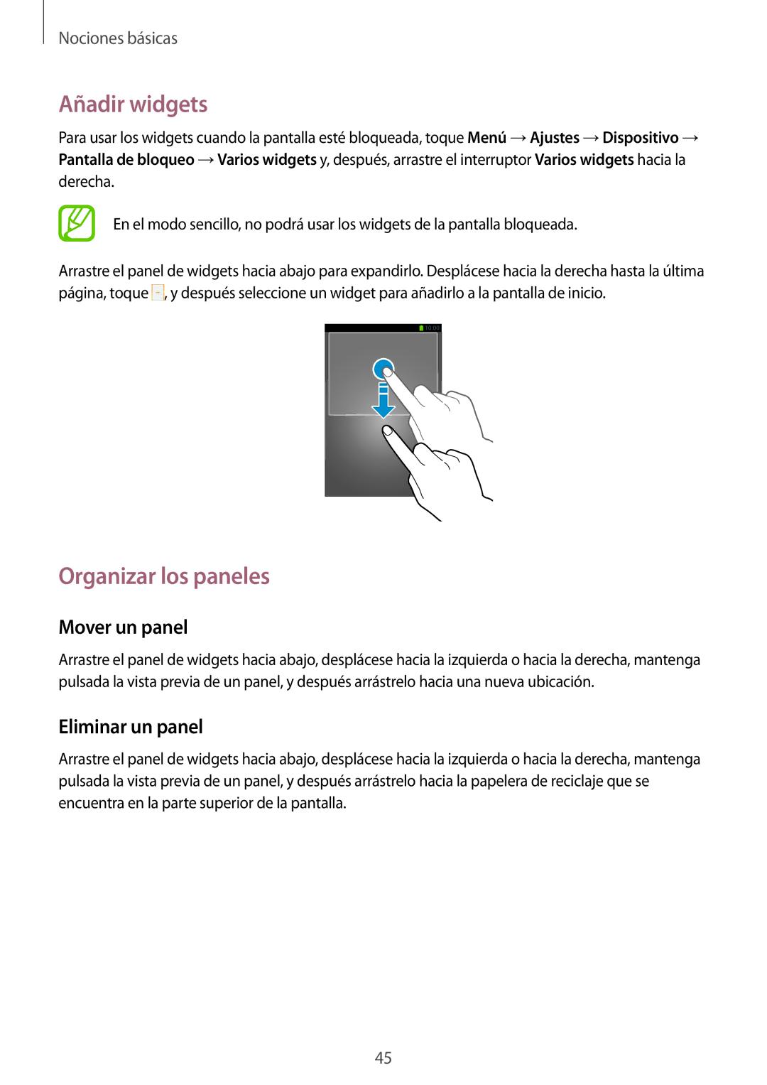 Samsung SM-N7505ZWATPH, SM-N7505ZWGXEF, SM-N7505ZKAITV, SM-N7505ZWAITV, SM-N7505ZKAPHE Añadir widgets, Organizar los paneles 