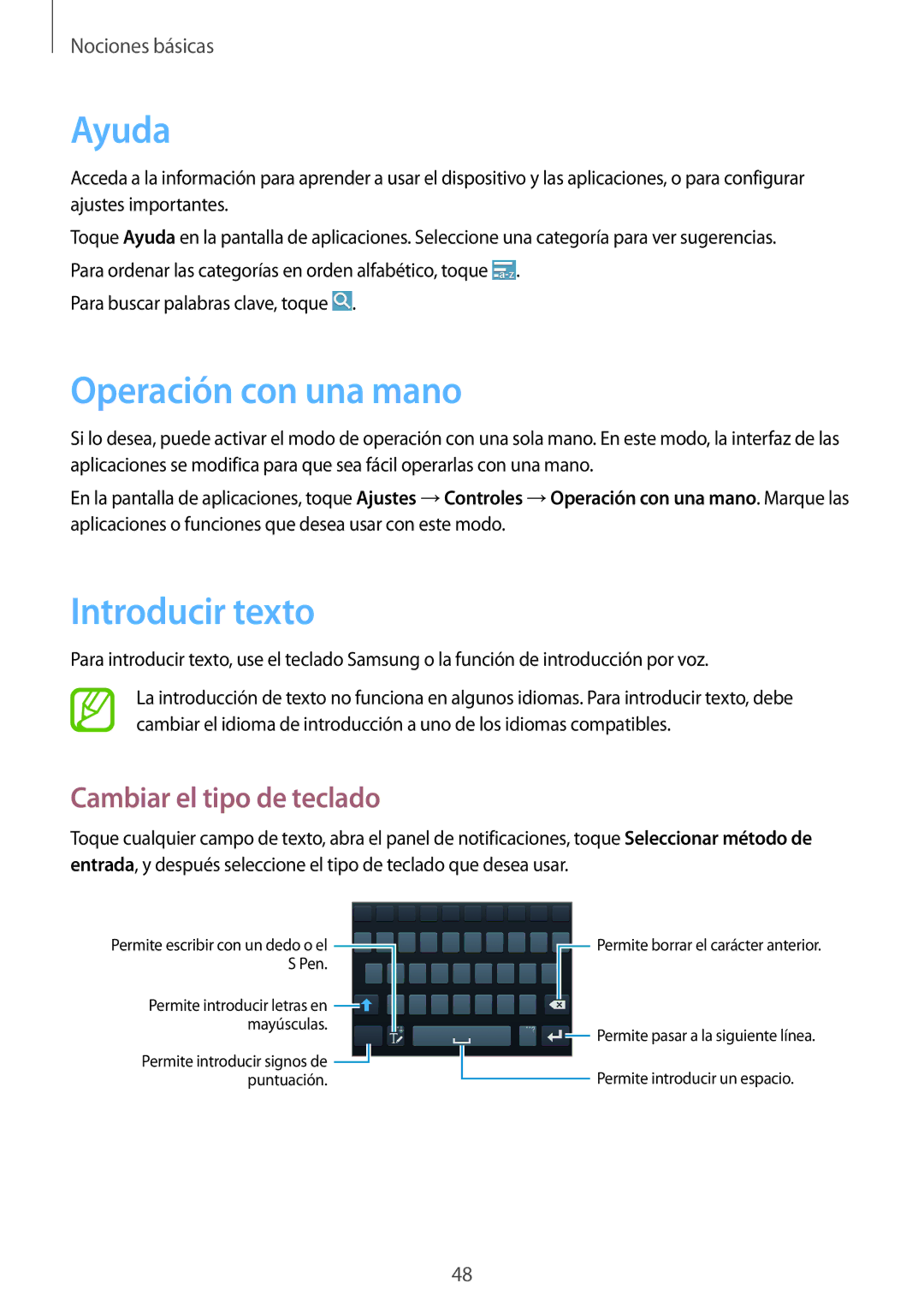 Samsung SM-N7505ZWAITV, SM-N7505ZWATPH manual Ayuda, Operación con una mano, Introducir texto, Cambiar el tipo de teclado 