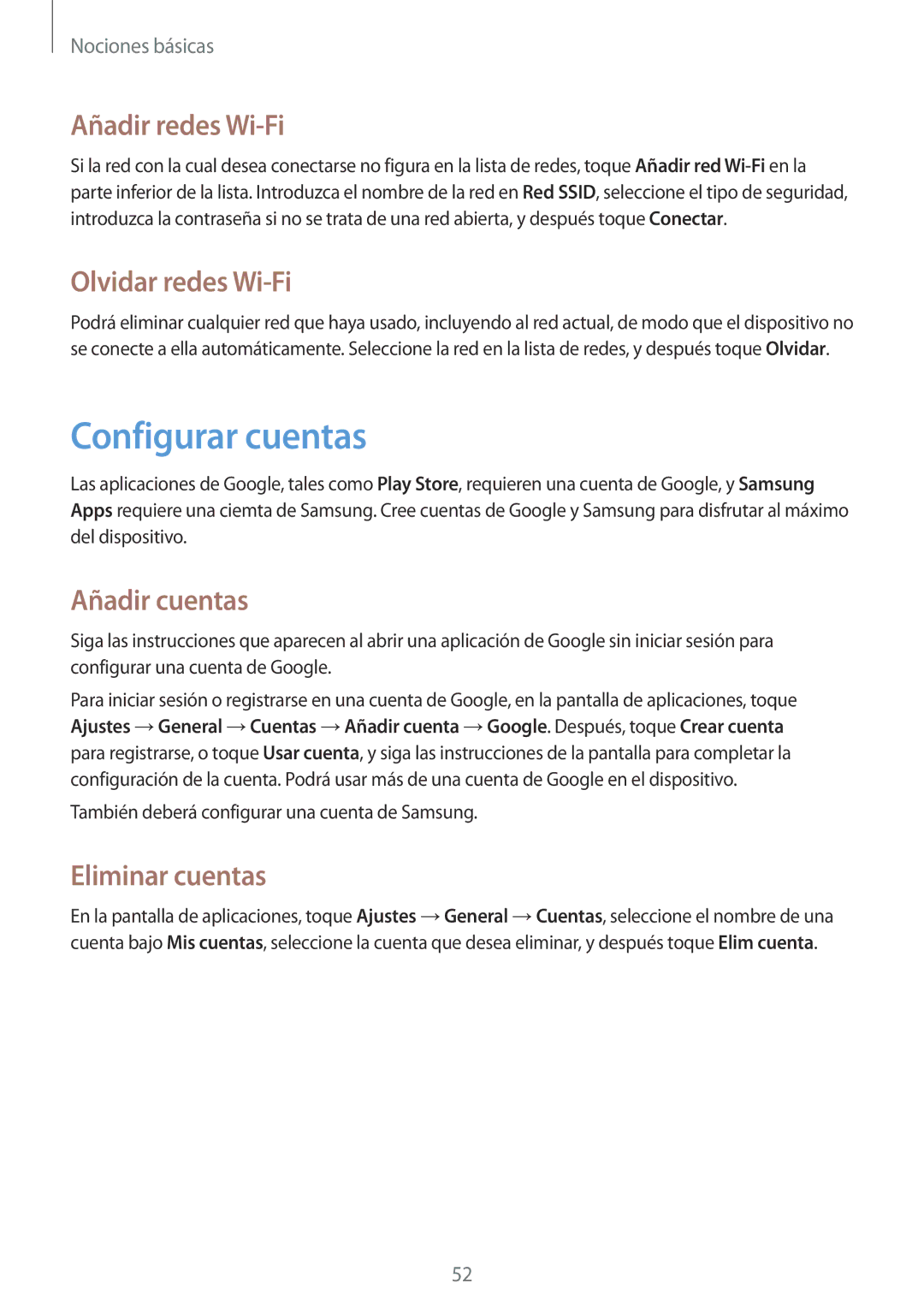 Samsung SM-N7505ZWASEE manual Configurar cuentas, Añadir redes Wi-Fi, Olvidar redes Wi-Fi, Añadir cuentas, Eliminar cuentas 