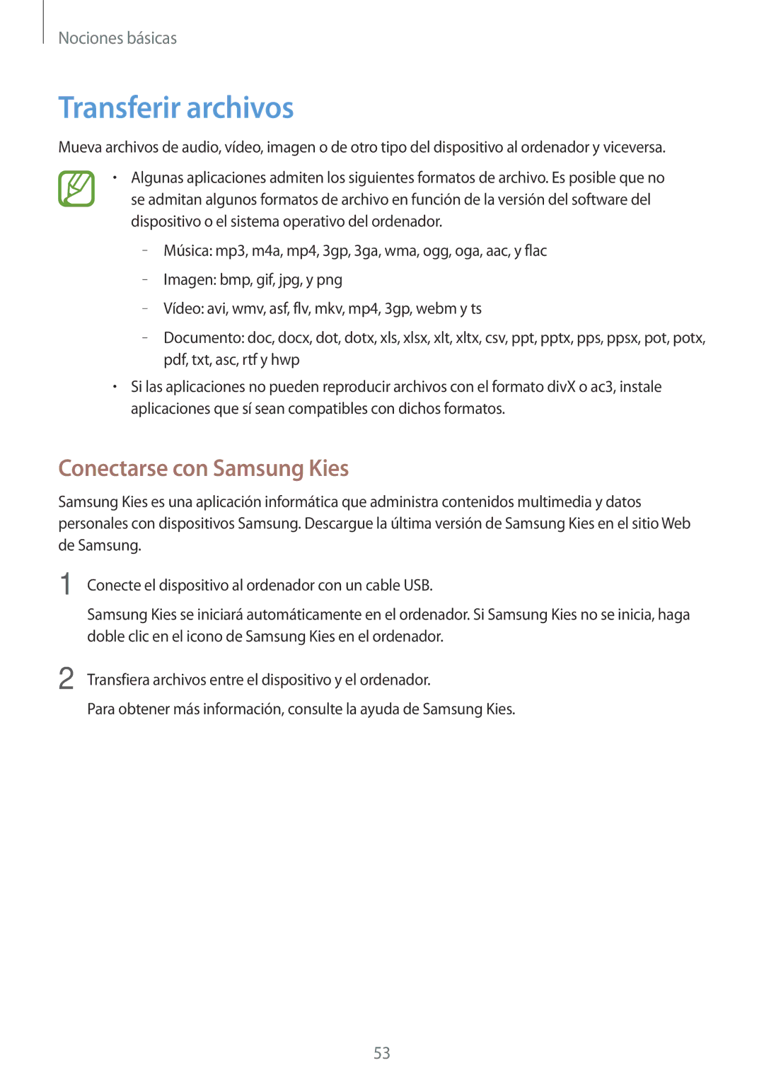 Samsung SM-N7505ZKATPH, SM-N7505ZWATPH, SM-N7505ZWGXEF, SM-N7505ZKAITV manual Transferir archivos, Conectarse con Samsung Kies 