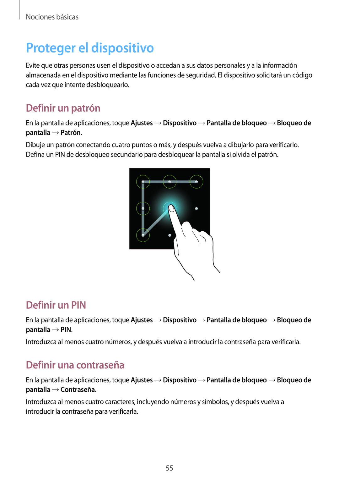 Samsung SM-N7505ZWGXEF, SM-N7505ZWATPH Proteger el dispositivo, Definir un patrón, Definir un PIN, Definir una contraseña 