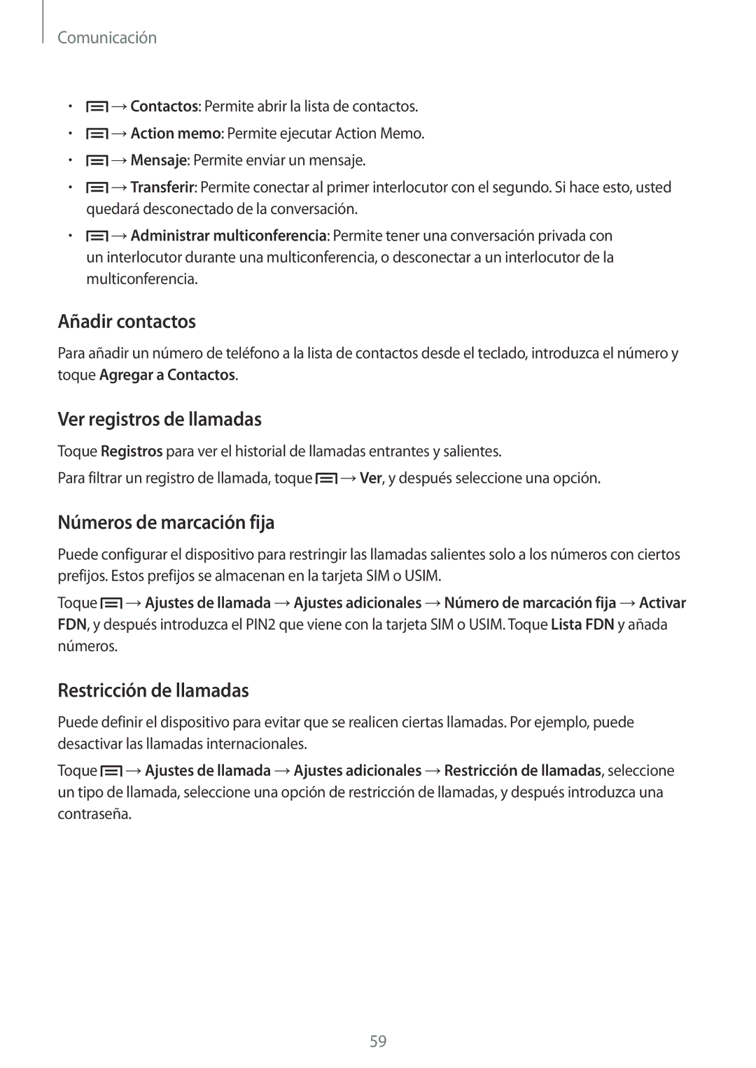 Samsung SM-N7505ZKAXEH Añadir contactos, Ver registros de llamadas, Números de marcación fija, Restricción de llamadas 