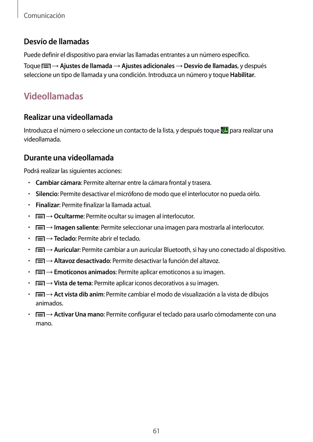 Samsung SM-N7505ZWASEE manual Videollamadas, Desvío de llamadas, Realizar una videollamada, Durante una videollamada 