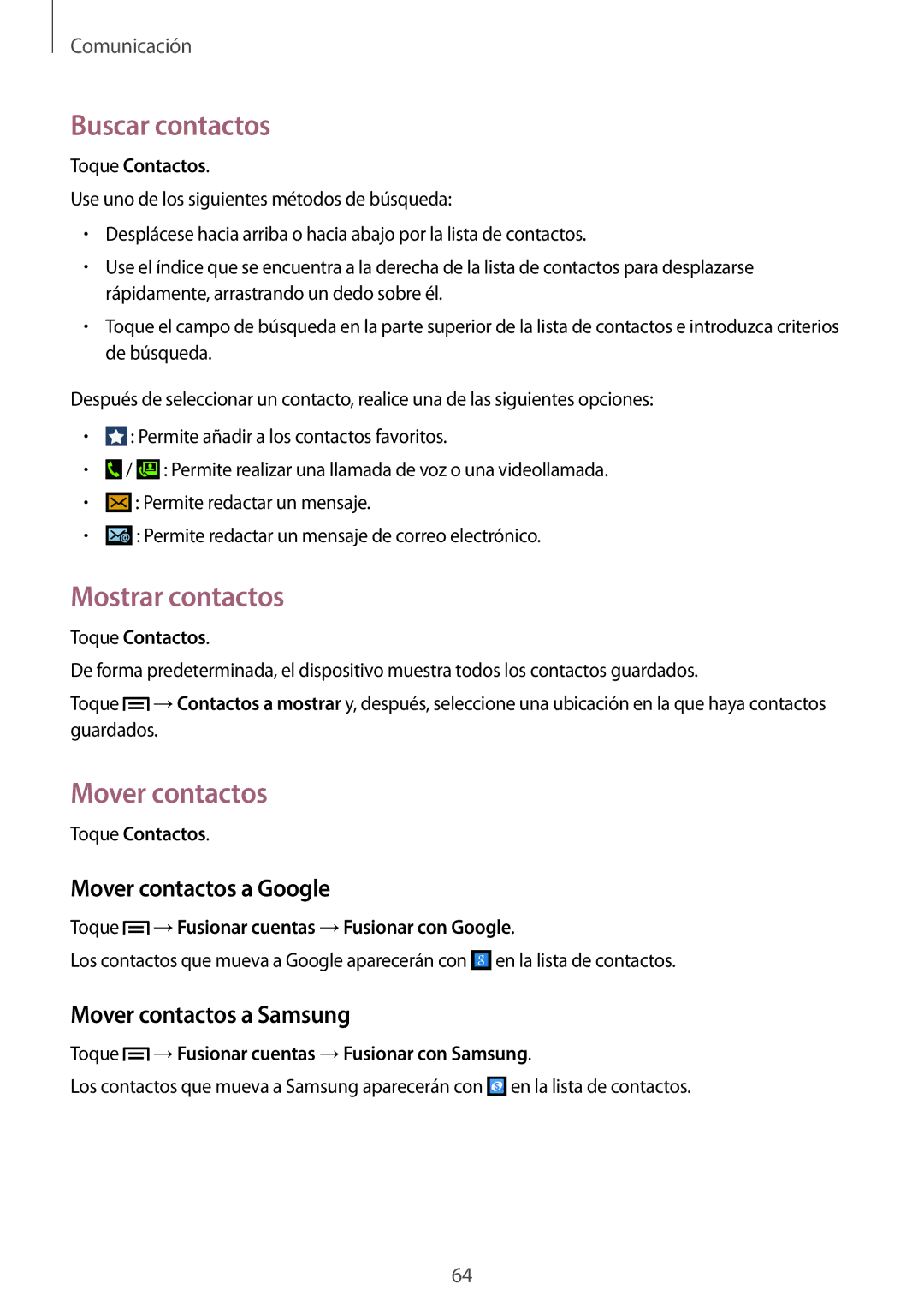 Samsung SM-N7505ZWGXEF manual Buscar contactos, Mostrar contactos, Mover contactos a Google, Mover contactos a Samsung 