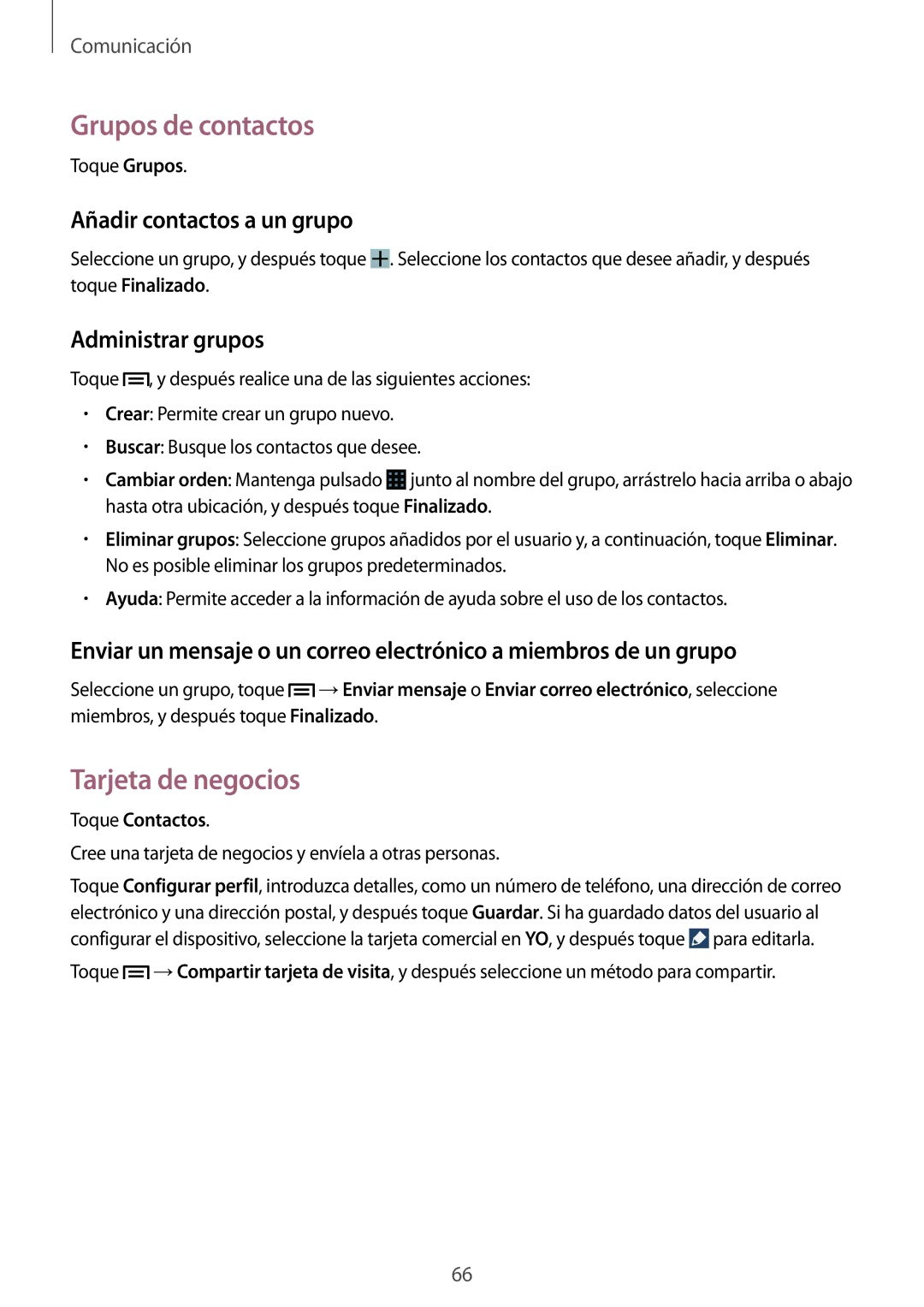 Samsung SM-N7505ZWAITV manual Grupos de contactos, Tarjeta de negocios, Añadir contactos a un grupo, Administrar grupos 