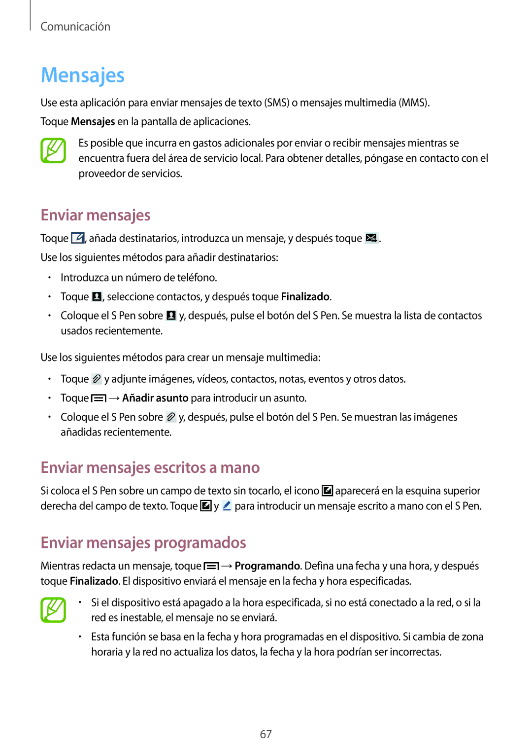 Samsung SM-N7505ZKAPHE, SM-N7505ZWATPH manual Mensajes, Enviar mensajes escritos a mano, Enviar mensajes programados 