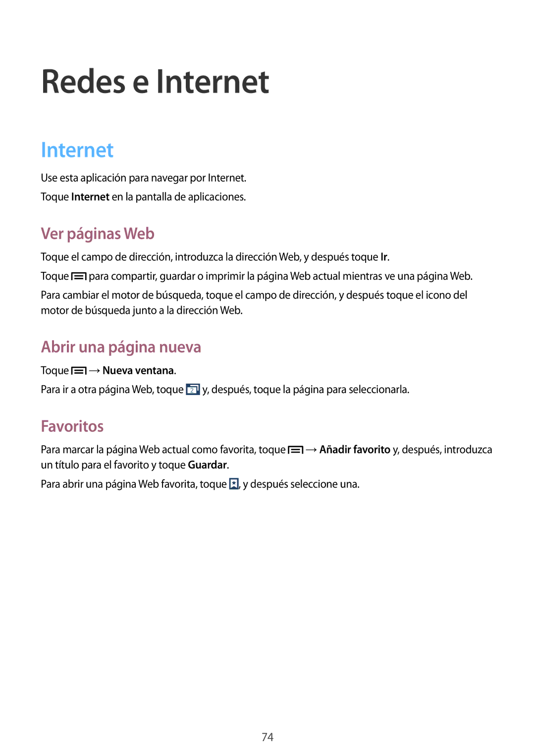 Samsung SM-N7505ZKAITV, SM-N7505ZWATPH Internet, Ver páginas Web, Abrir una página nueva, Favoritos, Toque →Nueva ventana 