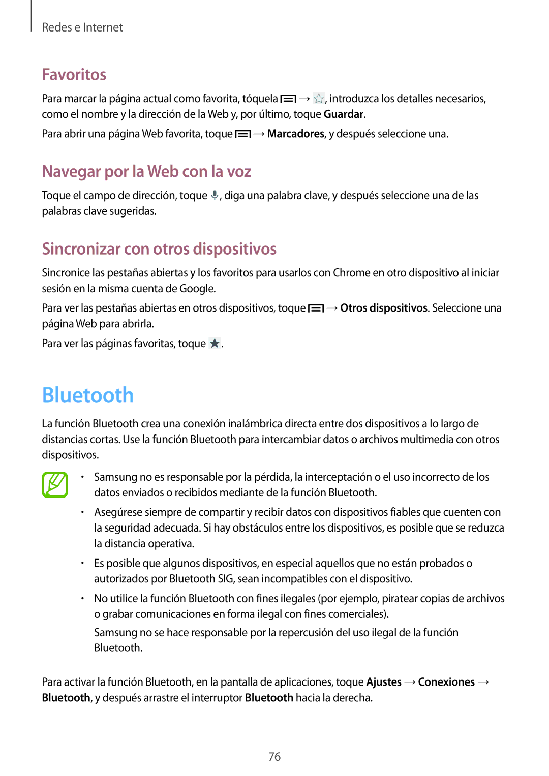 Samsung SM-N7505ZKAPHE, SM-N7505ZWATPH manual Bluetooth, Navegar por la Web con la voz, Sincronizar con otros dispositivos 