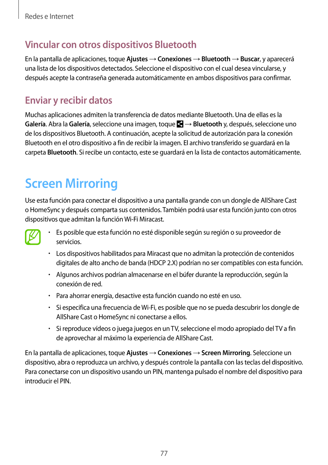 Samsung SM-N7505ZKAXEH, SM-N7505ZWATPH Screen Mirroring, Vincular con otros dispositivos Bluetooth, Enviar y recibir datos 