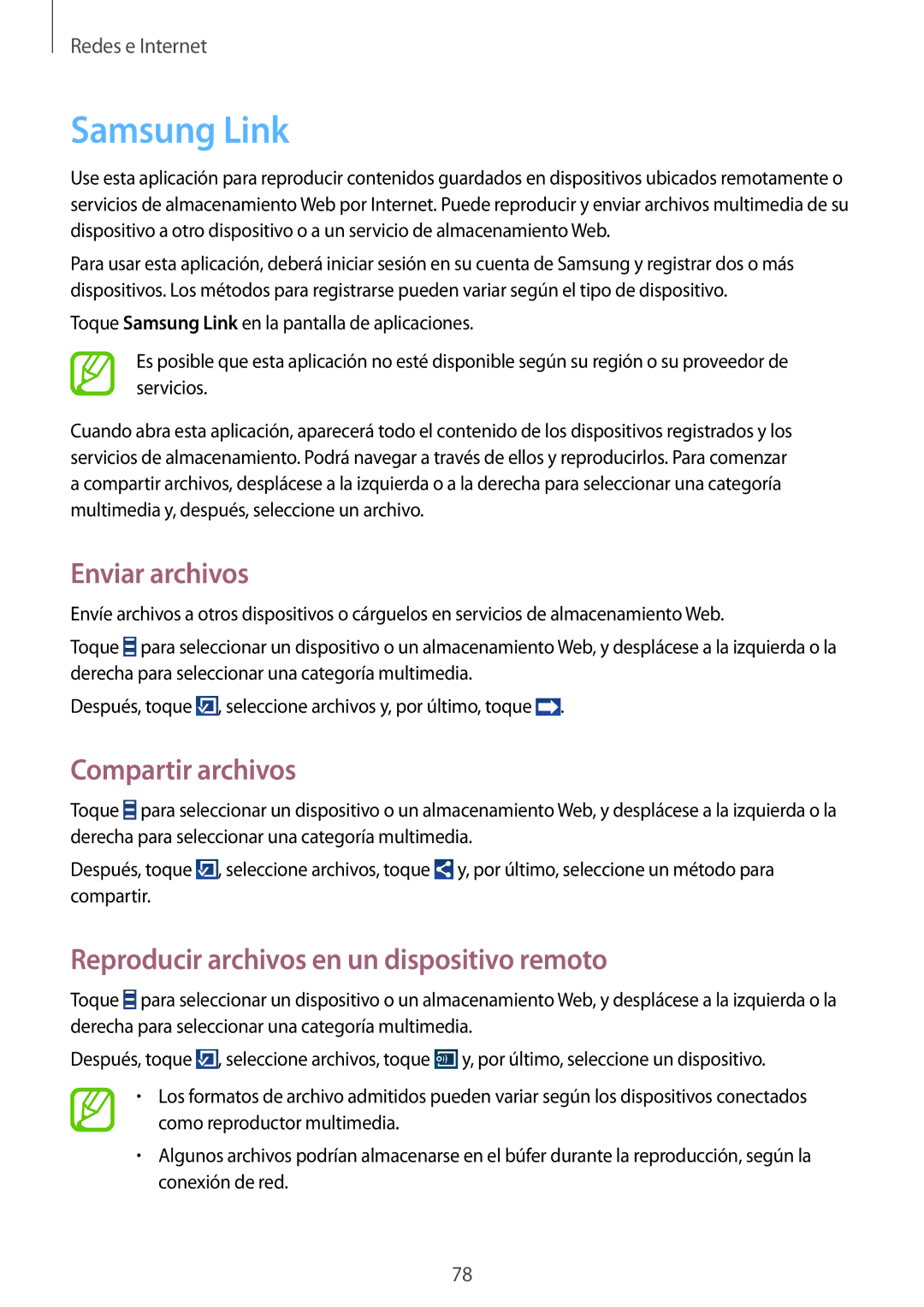 Samsung SM-N7505ZWAPHE Samsung Link, Enviar archivos, Compartir archivos, Reproducir archivos en un dispositivo remoto 