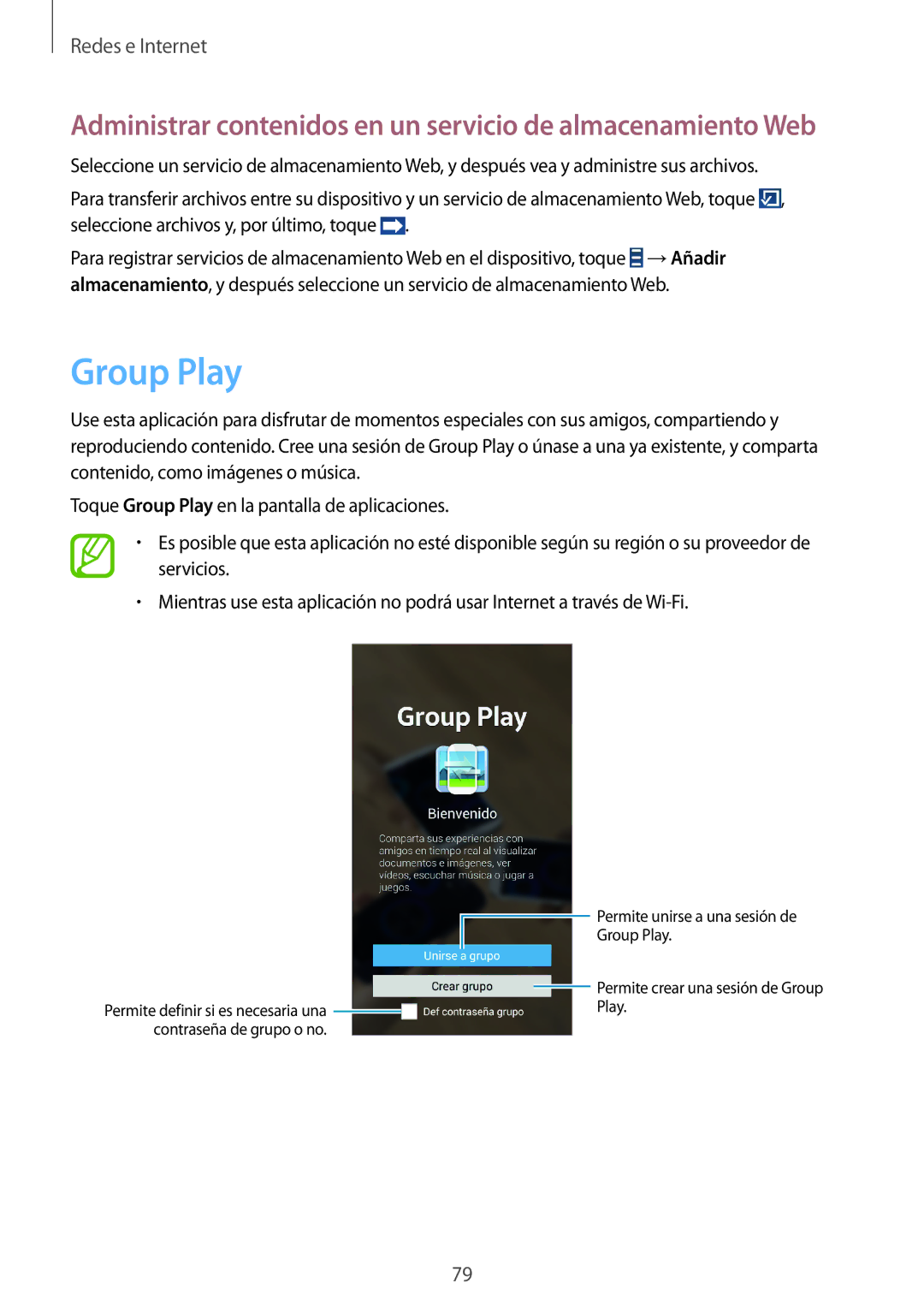 Samsung SM-N7505ZWASEE, SM-N7505ZWATPH manual Group Play, Administrar contenidos en un servicio de almacenamiento Web 