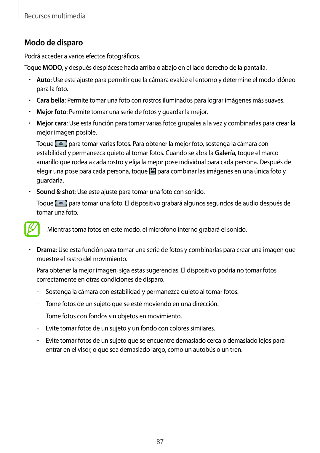 Samsung SM-N7505ZWAPHE, SM-N7505ZWATPH, SM-N7505ZWGXEF, SM-N7505ZKAITV, SM-N7505ZWAITV, SM-N7505ZKAPHE manual Modo de disparo 