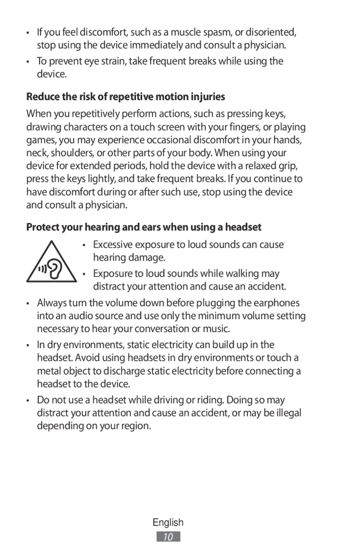 Samsung SM-N9000ZIEXXV Reduce the risk of repetitive motion injuries, Protect your hearing and ears when using a headset 