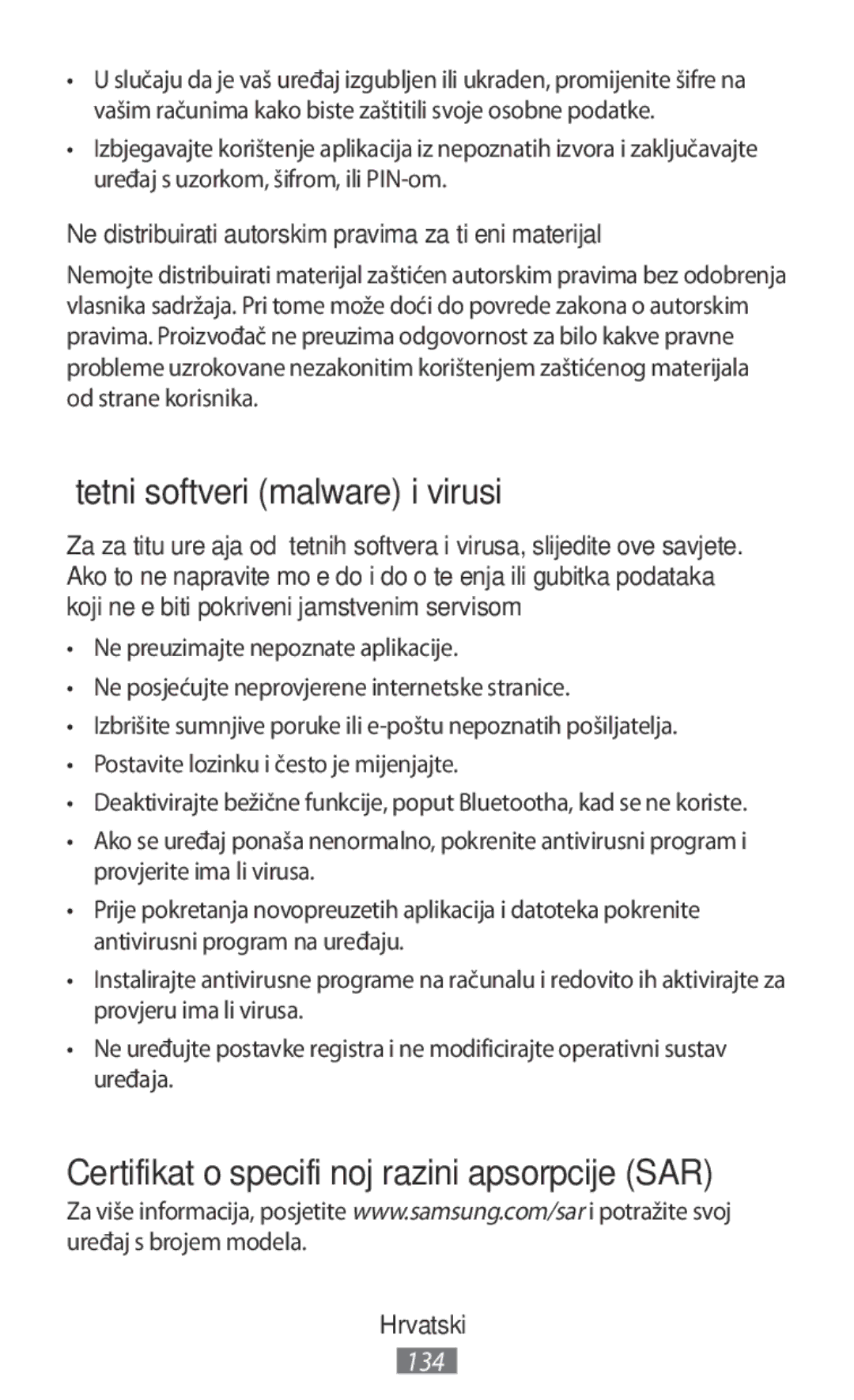 Samsung SM-N9000ZIEXXV manual Štetni softveri malware i virusi, Ne distribuirati autorskim pravima zaštićeni materijal 